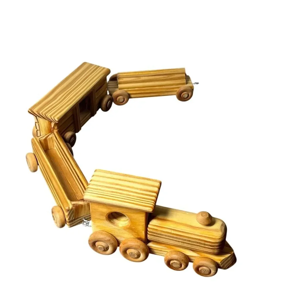 Wooden Train Set Kids Toy Wheeled Engine Cars Flatbed Caboose Wood Four Piece